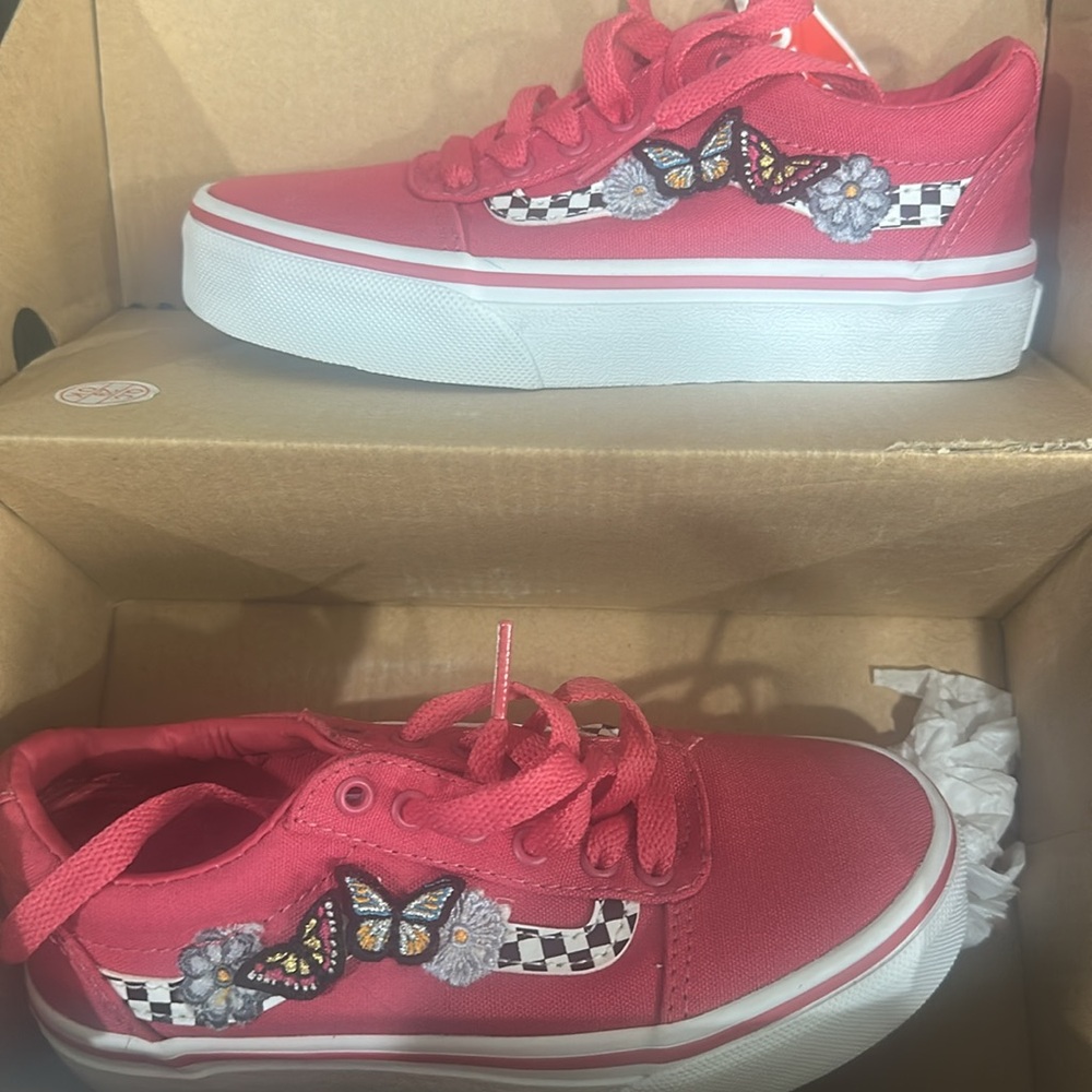 Vans Classic Red Canvas with Checkerboard , Flower & Butterfly Design - Picture 3 of 4